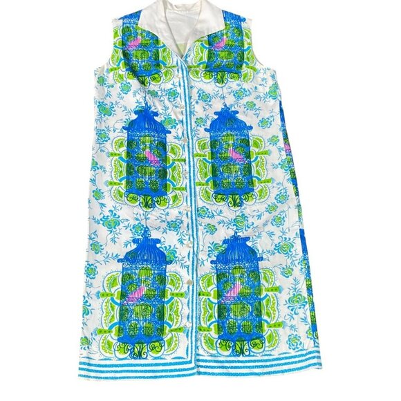 Vintage 60s Mod Birdcage Print Button Up Sleeveless Shift Dress #204L - Picture 5 of 7